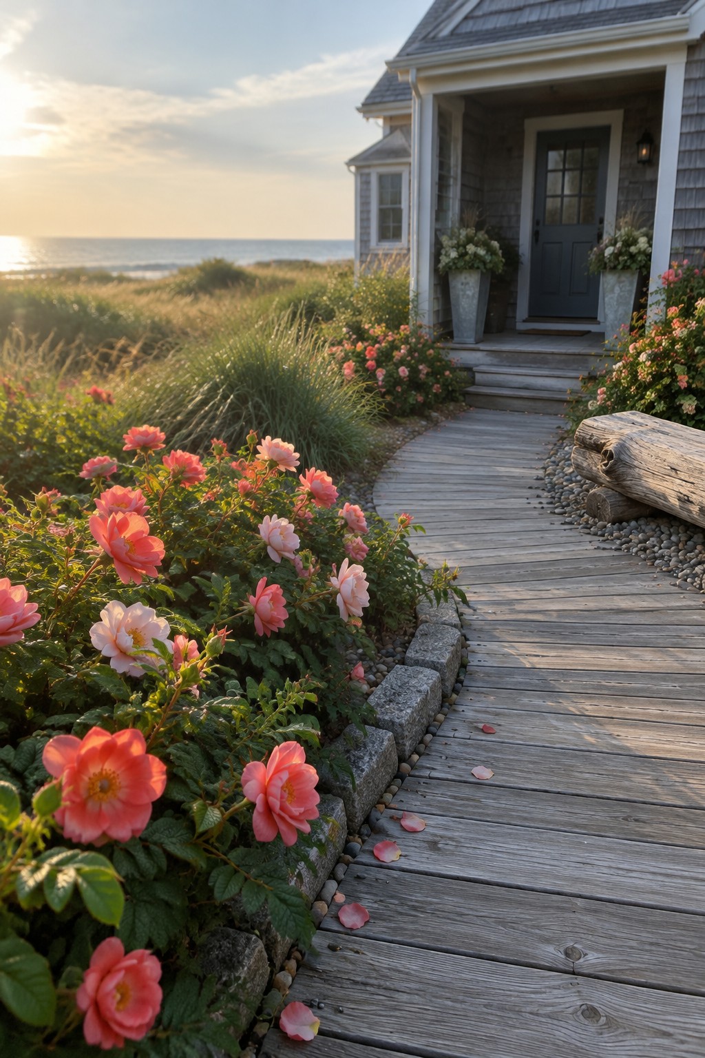 A wooden walkway curves past pink and coral roses toward the entrance of a gray coastal-style home.