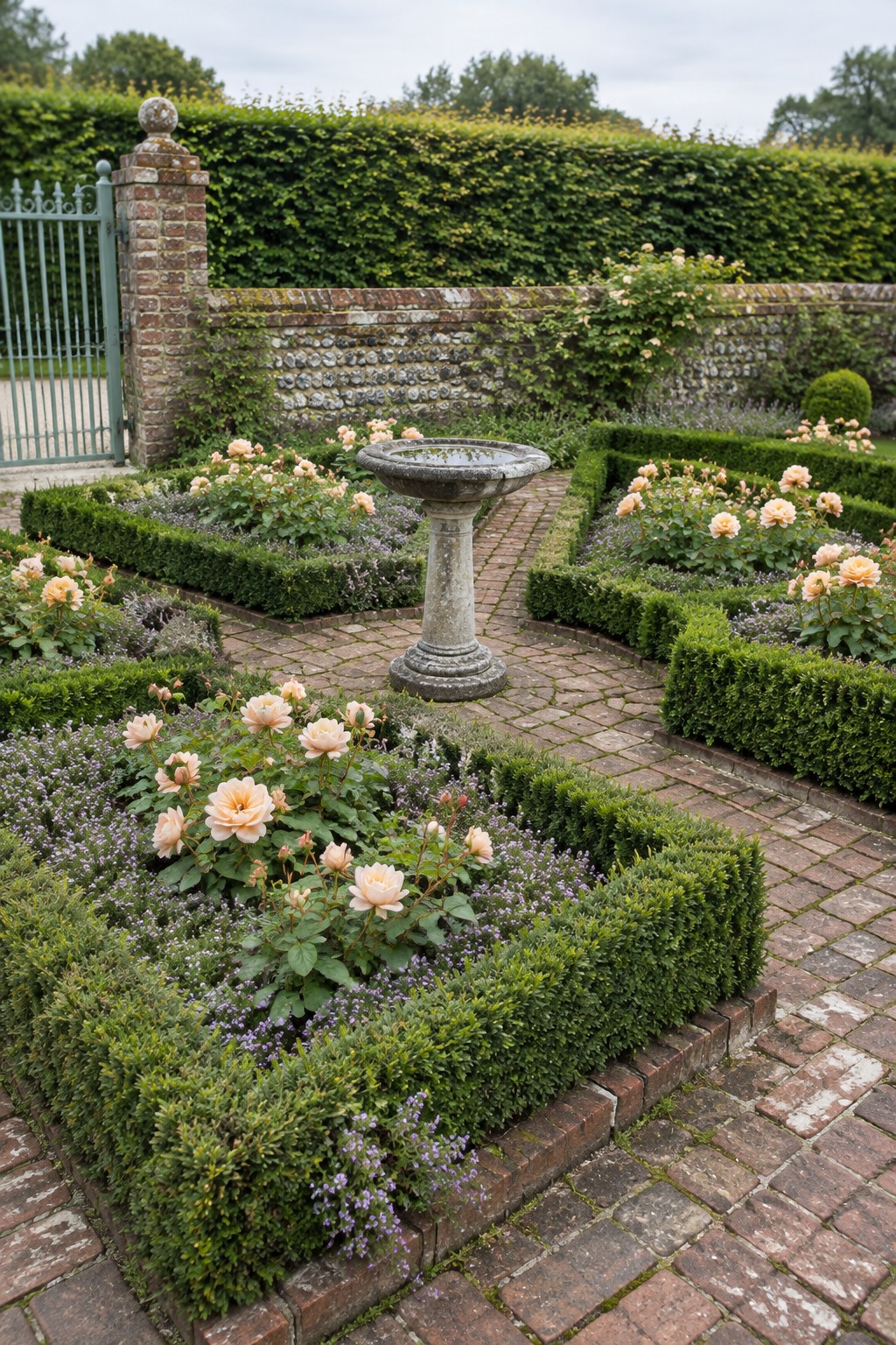 Brick paths divide formal garden beds planted with pale peach roses and low hedges, with a stone birdbath near a brick wall.
