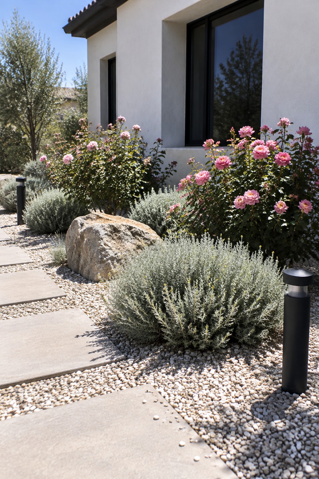 Pink rose bushes and silvery shrubs grow in a gravel bed beside a modern house, with large concrete stepping stones and black path lights.