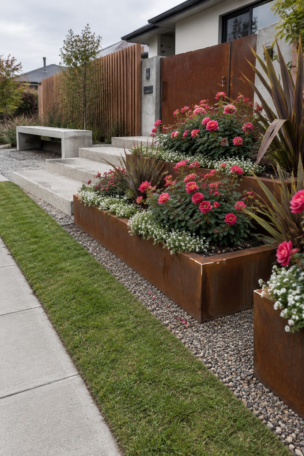 Rust-colored raised metal planters filled with pink roses and white flowers beside concrete steps and a wood slat fence.