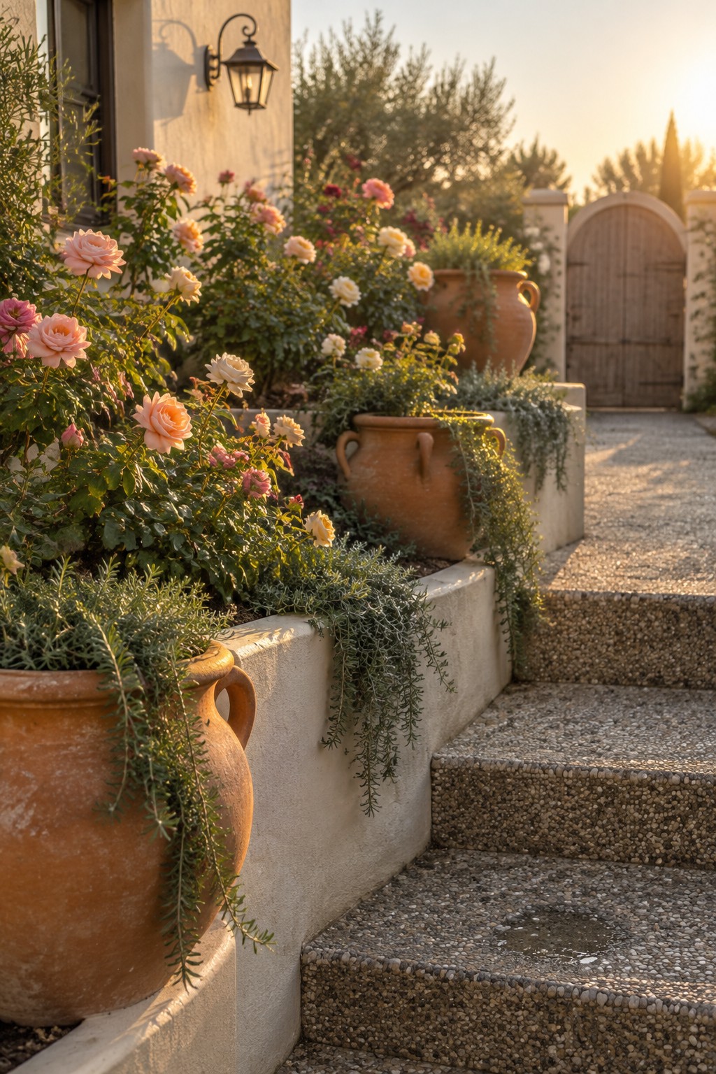 Pink and cream roses grow in raised stucco planters beside terracotta pots and stone steps leading to a wooden garden gate.