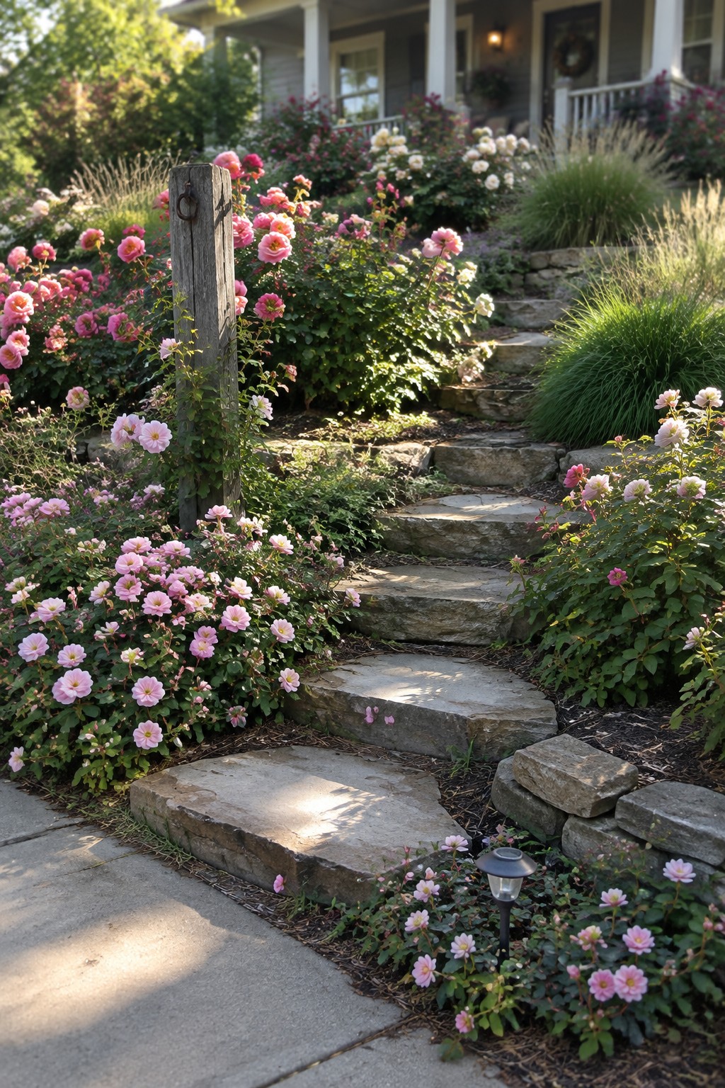 Uneven stone steps climb through pink rose beds toward a front porch.