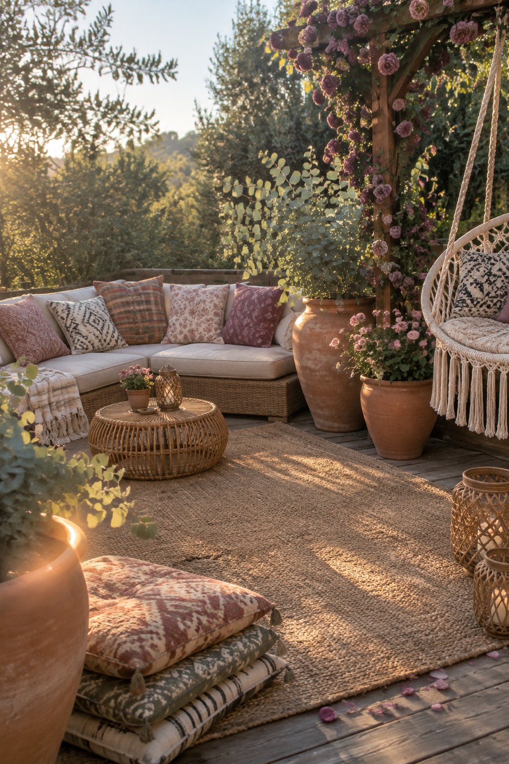 A wicker corner sofa with patterned cushions sits on a deck beside terracotta rose planters, a hanging chair, and a round wicker table.