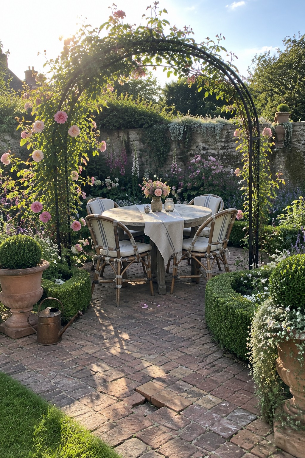 A round garden table and four chairs sit beneath a black metal arch covered with pink roses beside a brick path.