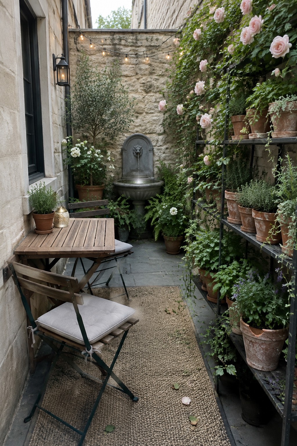 A narrow stone courtyard patio has pale pink climbing roses on a wall beside shelves of potted plants, a small wooden table and chairs, and a stone fountain.
