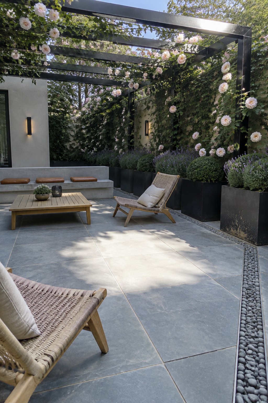 A stone patio with woven chairs and a table sits beneath a black pergola covered in climbing roses.
