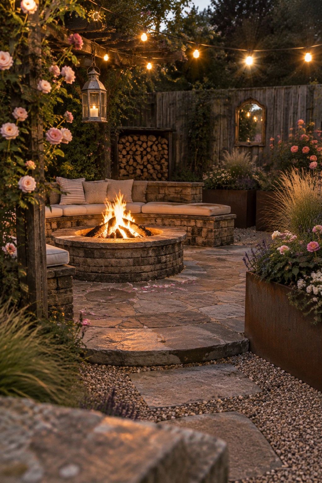 A stone fire pit sits in front of a built-in bench in a garden patio with rose planters and string lights.