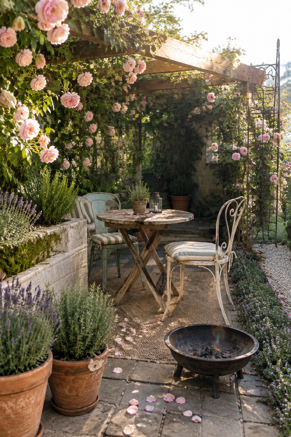 A small stone patio with a wooden pergola covered in pink roses, a round table, two chairs, and potted lavender.
