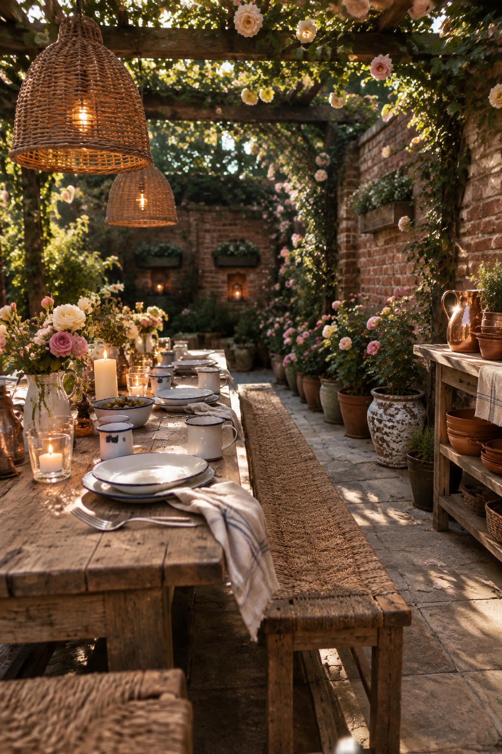 A long wooden dining table sits beneath a leafy pergola in a brick courtyard, with potted roses and hanging wicker lights.