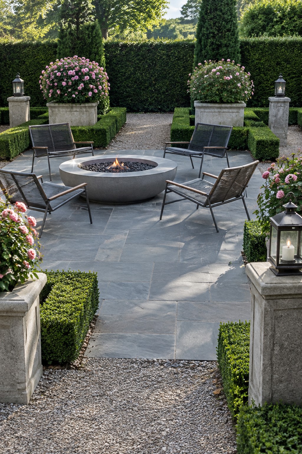Four chairs surround a round fire pit on a stone patio bordered by clipped hedges and pink roses.