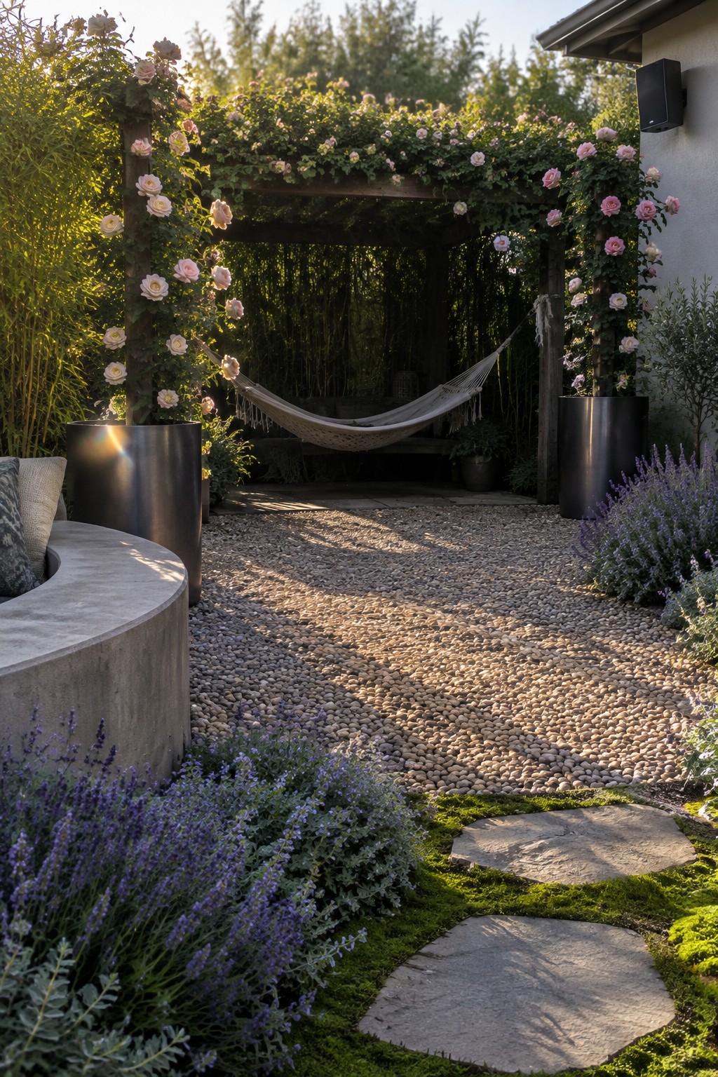 A pebble path leads past lavender and stepping stones to a hammock beneath a rose-covered wooden pergola.
