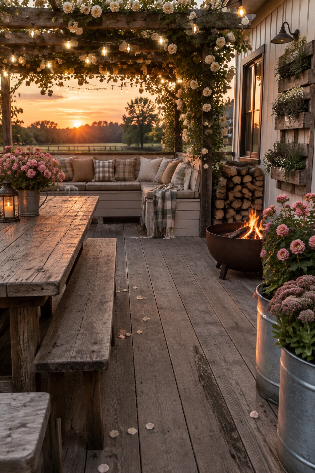A wooden patio pergola covered with climbing roses and string lights shelters a cushioned corner bench beside a fire pit.