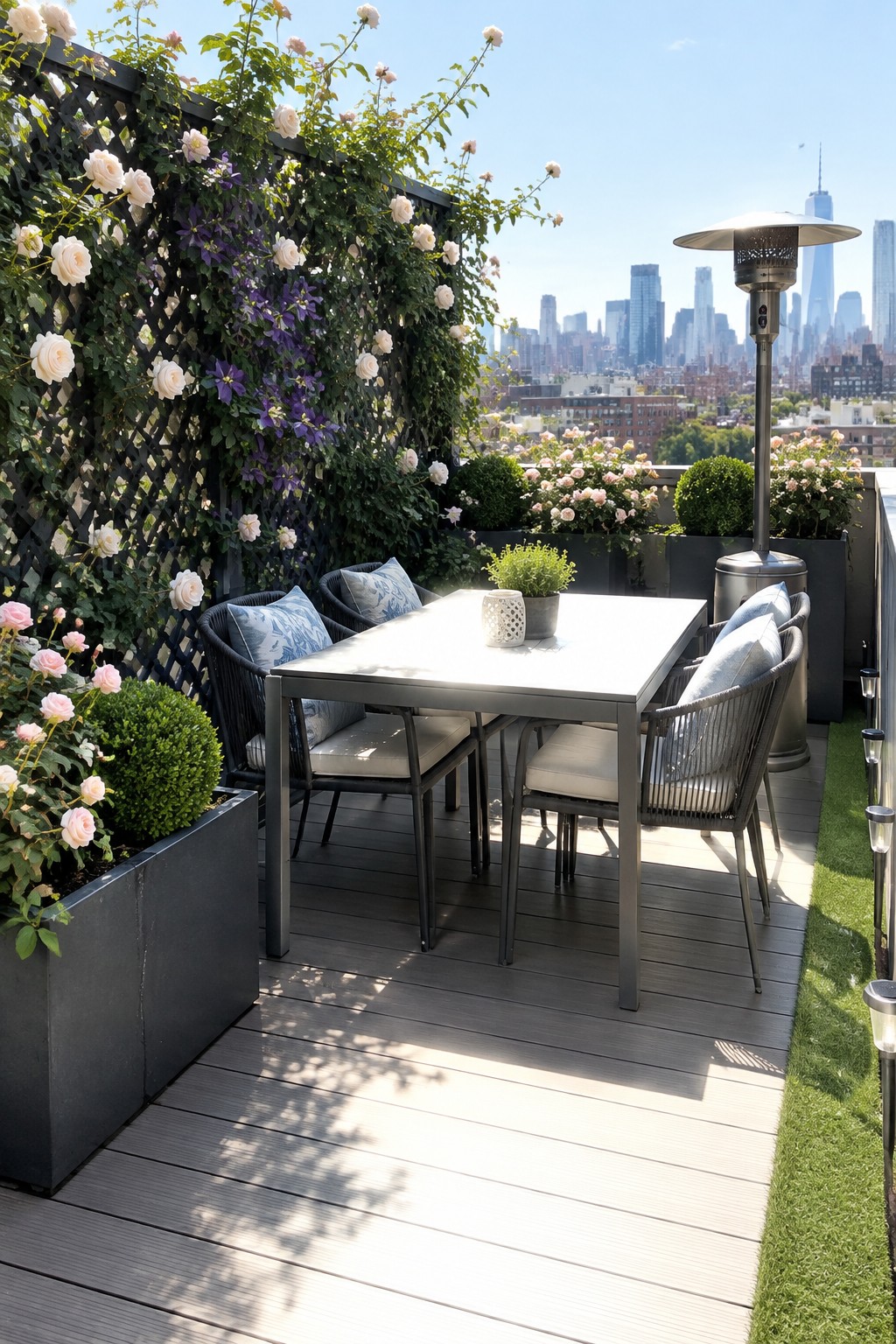 A rooftop patio dining table and chairs sit beside a trellis covered in pale roses and purple flowers.