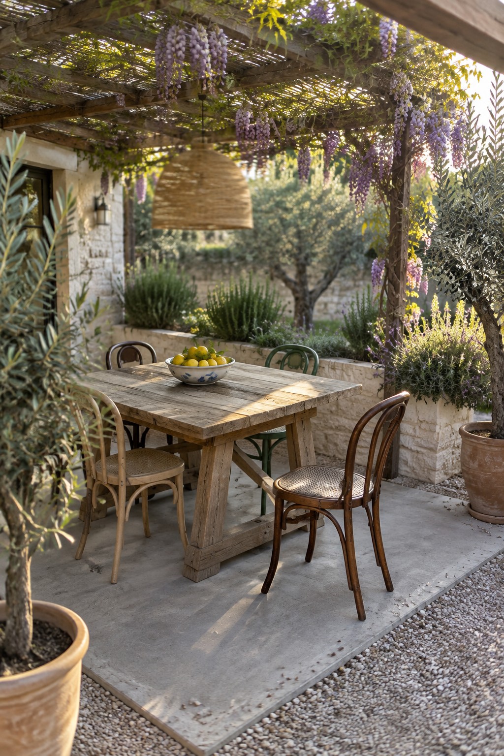 A wooden dining table and chairs sit on a stone patio beneath a pergola covered with hanging purple wisteria.