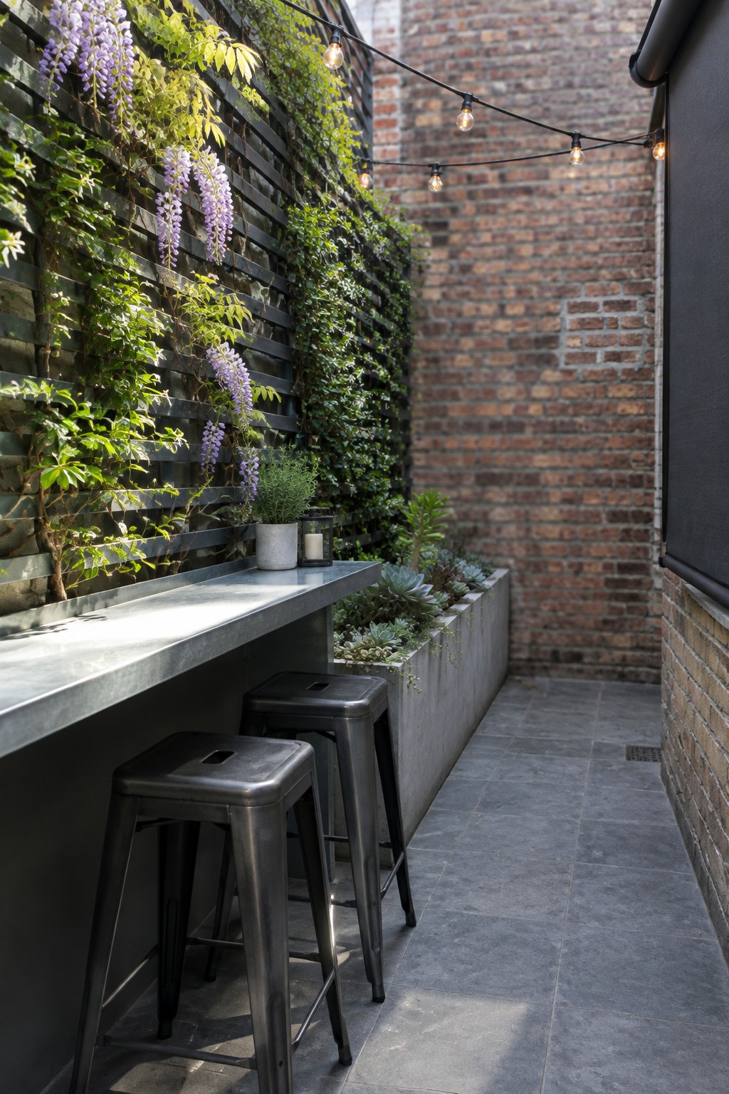 A narrow patio has a wall trellis covered in leafy vines and purple wisteria flowers, with a counter, stools, planters, and string lights.