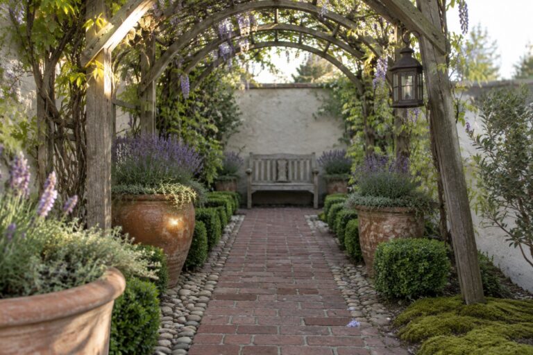 20 Wisteria Trellis Ideas for Small Gardens A brick garden path passes beneath a wooden arch covered in purple wisteria, with potted plants and a bench at the far end.