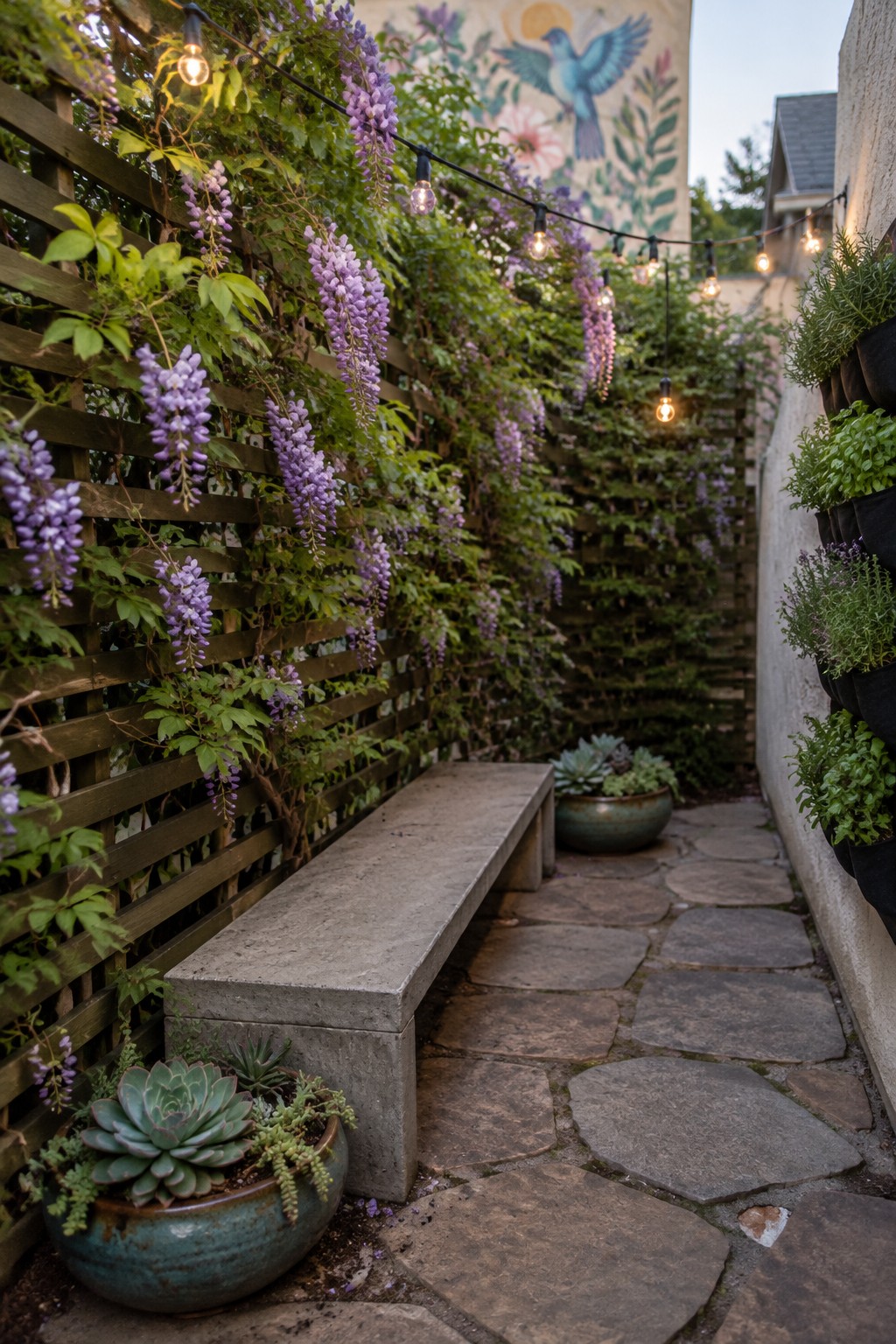 A narrow stone path runs beside a wooden trellis covered in green vines and hanging purple wisteria flowers.