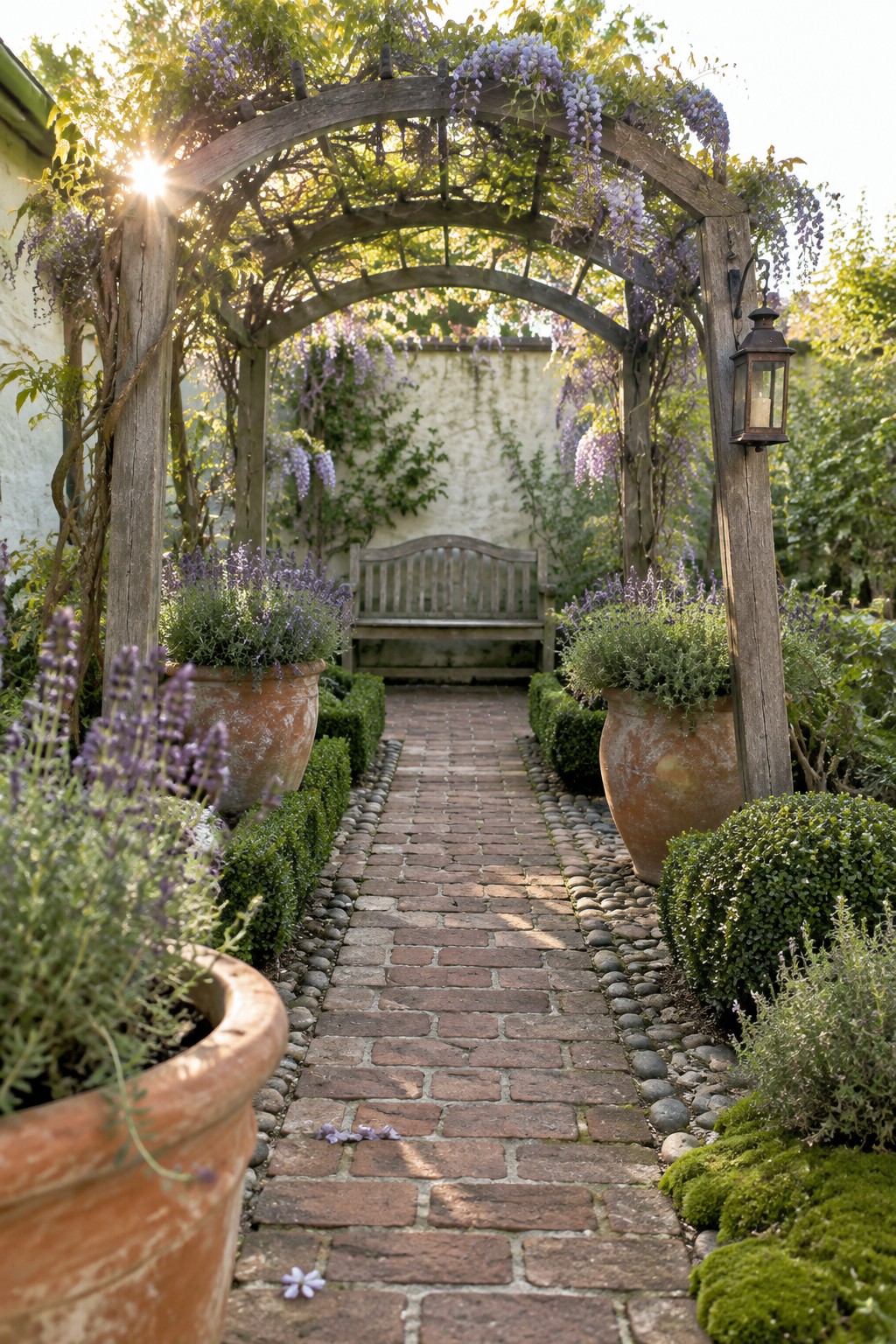 A brick garden path passes beneath a wooden arch covered in purple wisteria, with potted plants and a bench at the far end.