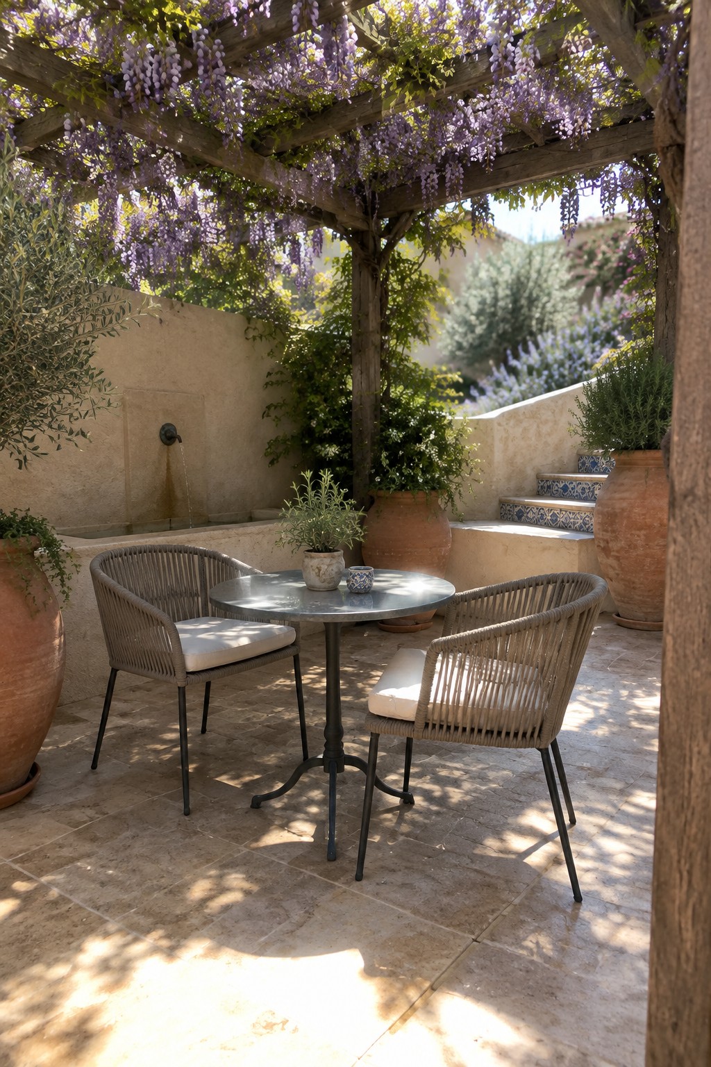 A small stone patio with a wooden pergola covered in purple wisteria, two woven chairs, and a round table.