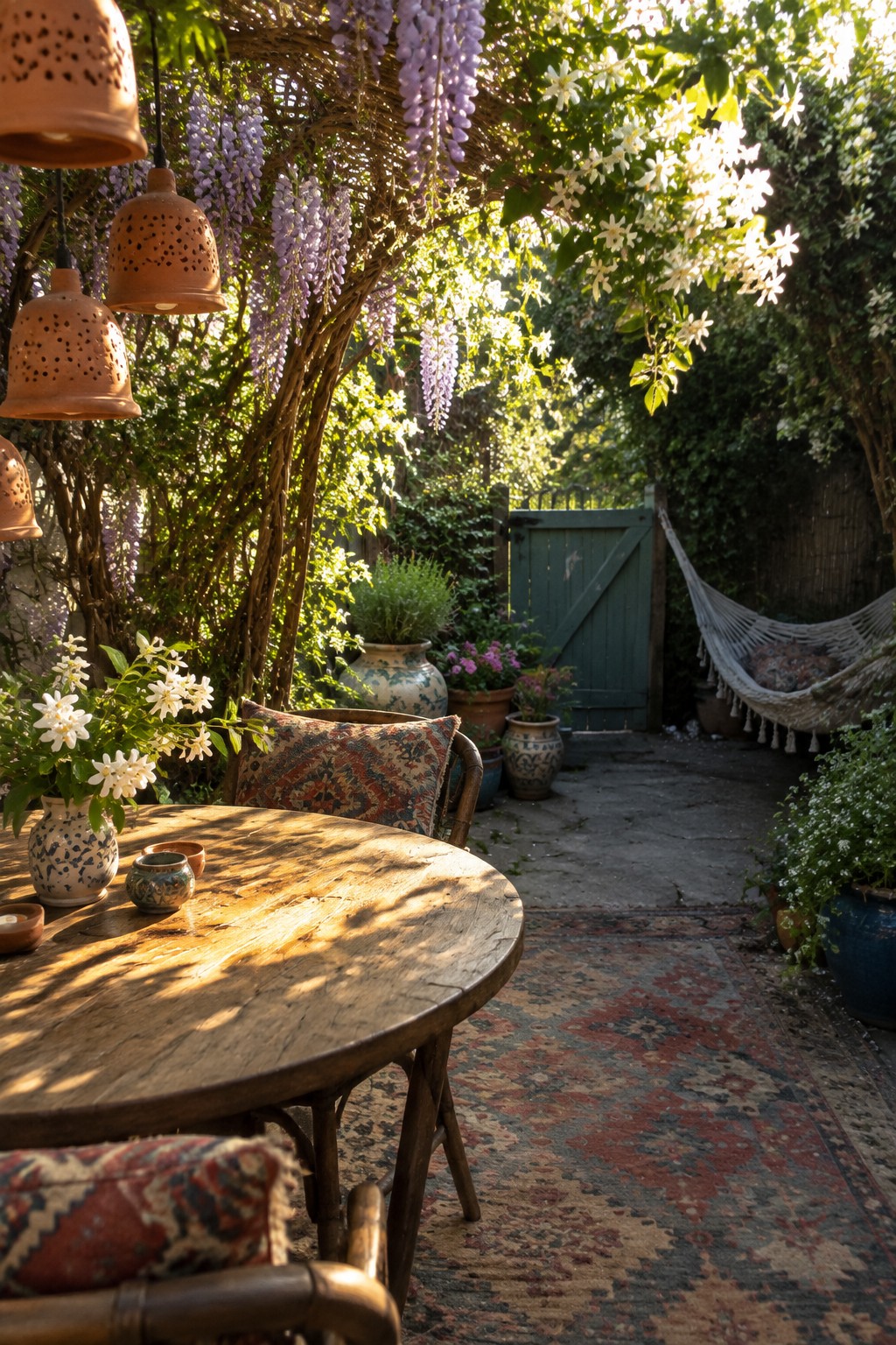 A small garden seating area with a wooden table, a hammock, and wisteria hanging overhead beside a green gate.