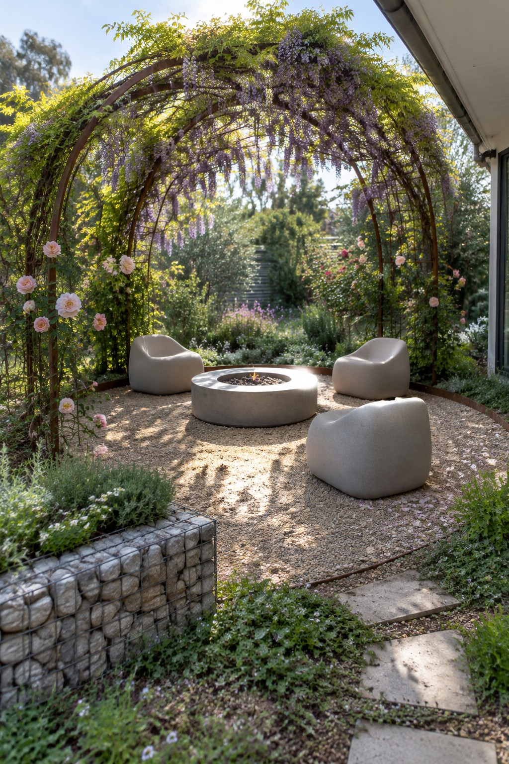 A curved trellis covered in wisteria arches over a gravel seating area with a round fire pit and three chairs.