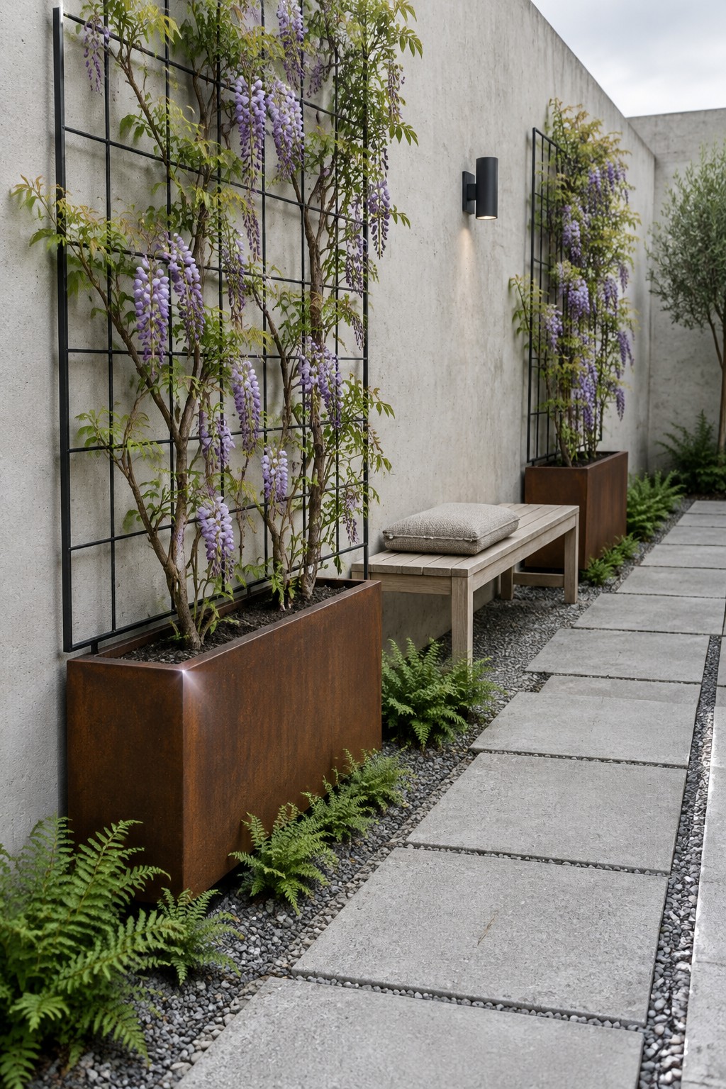 Wisteria climbs black trellises attached to a concrete garden wall beside a narrow stepping-stone path.