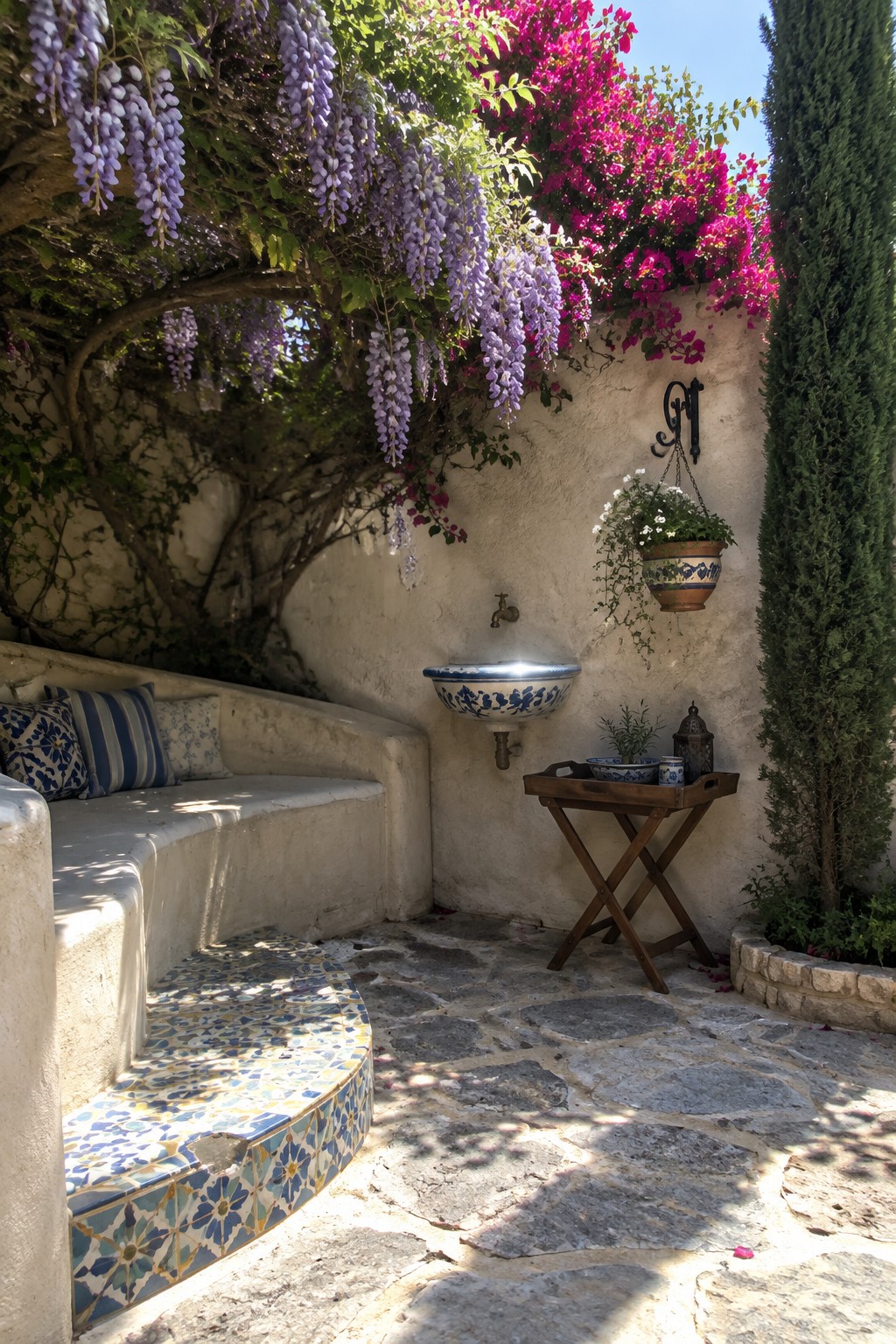 A built-in stucco bench with blue patterned cushions sits beneath purple wisteria in a courtyard.