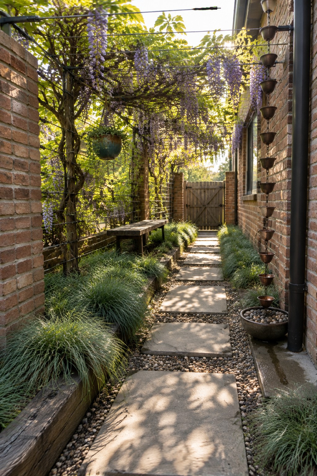 A narrow garden path runs between brick walls beneath overhead wires covered in purple wisteria.