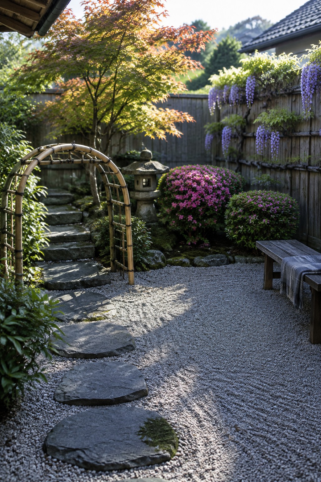 A bamboo arch stands over stone steps in a gravel garden with flowering shrubs and wisteria along a wooden fence.