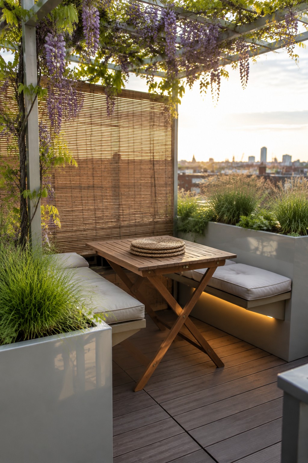 A wooden dining table and cushioned built-in benches sit beneath a pergola covered in wisteria on a rooftop terrace.