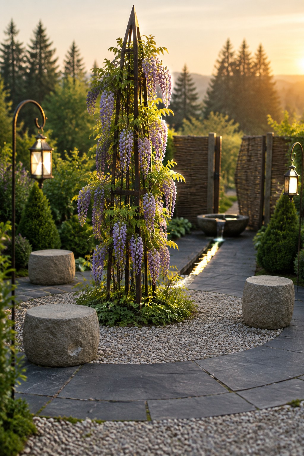 A flowering wisteria climbs a tall freestanding trellis in a circular gravel bed between stone garden paths.