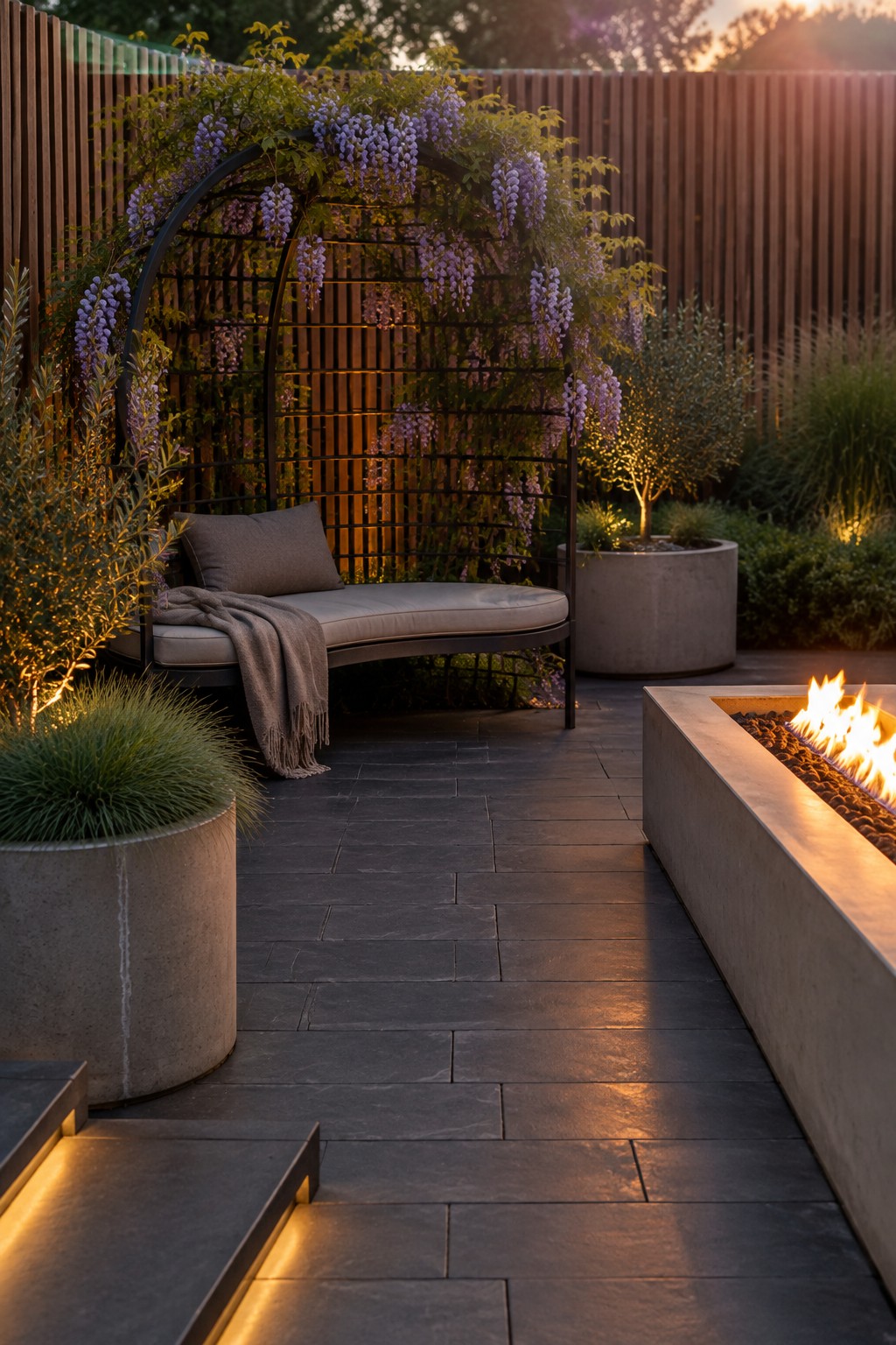 A curved black trellis covered in purple wisteria stands behind a cushioned bench on a paved patio beside a fire pit.