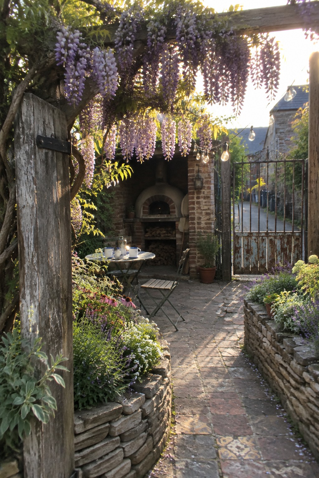 A wisteria-covered timber trellis shades a small garden dining area with a table, chairs, brick oven, and stone path.