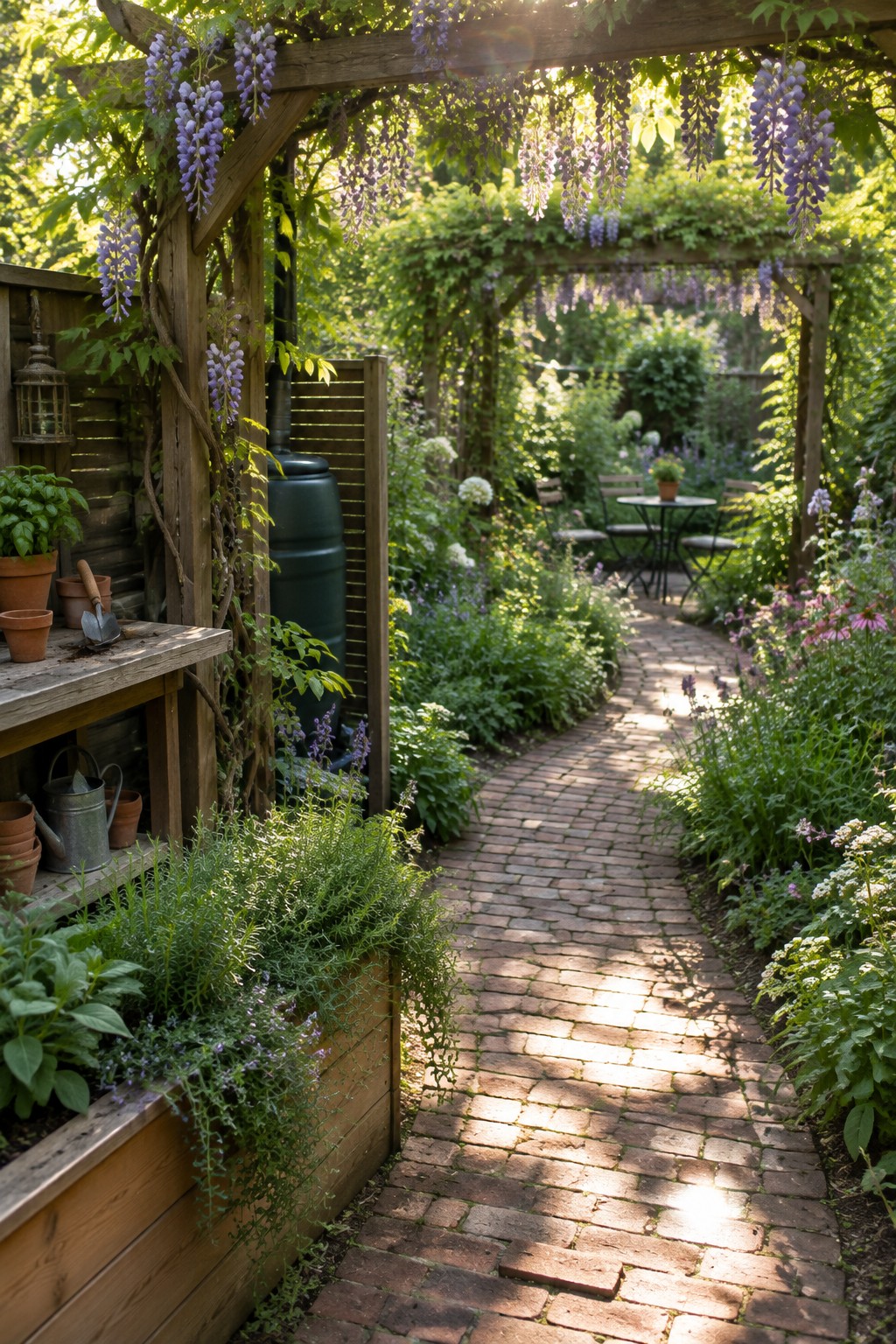 A brick garden path runs beneath a wooden pergola covered with hanging purple wisteria.