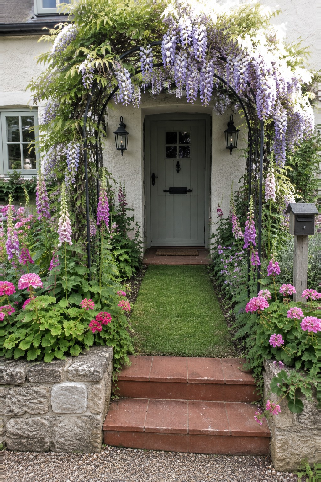A black metal arch covered in purple wisteria stands over a grass path leading to a gray front door, with pink and purple flowers along the sides.