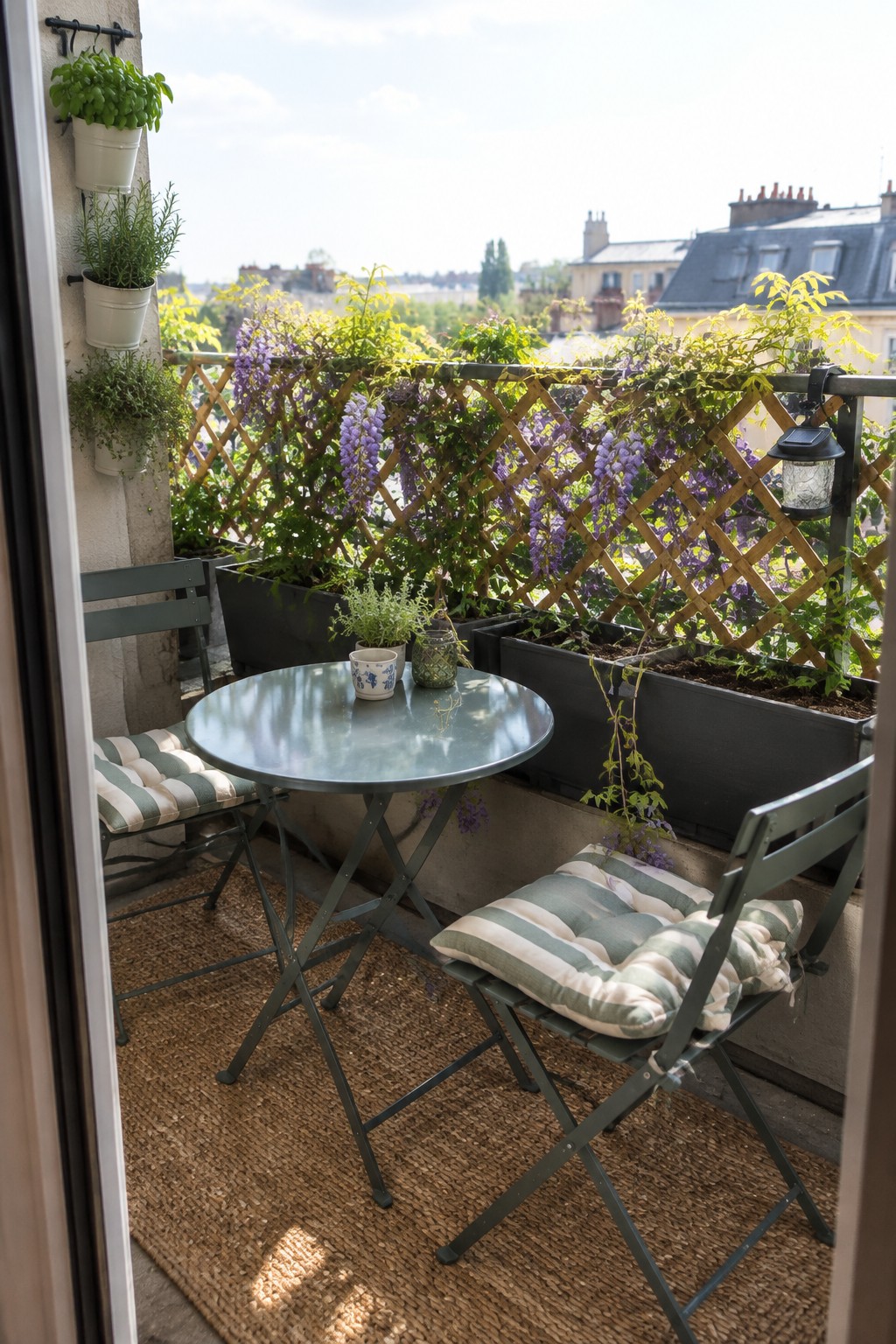 A small balcony has a wooden trellis covered in purple wisteria, planter boxes, and a round table with two folding chairs.