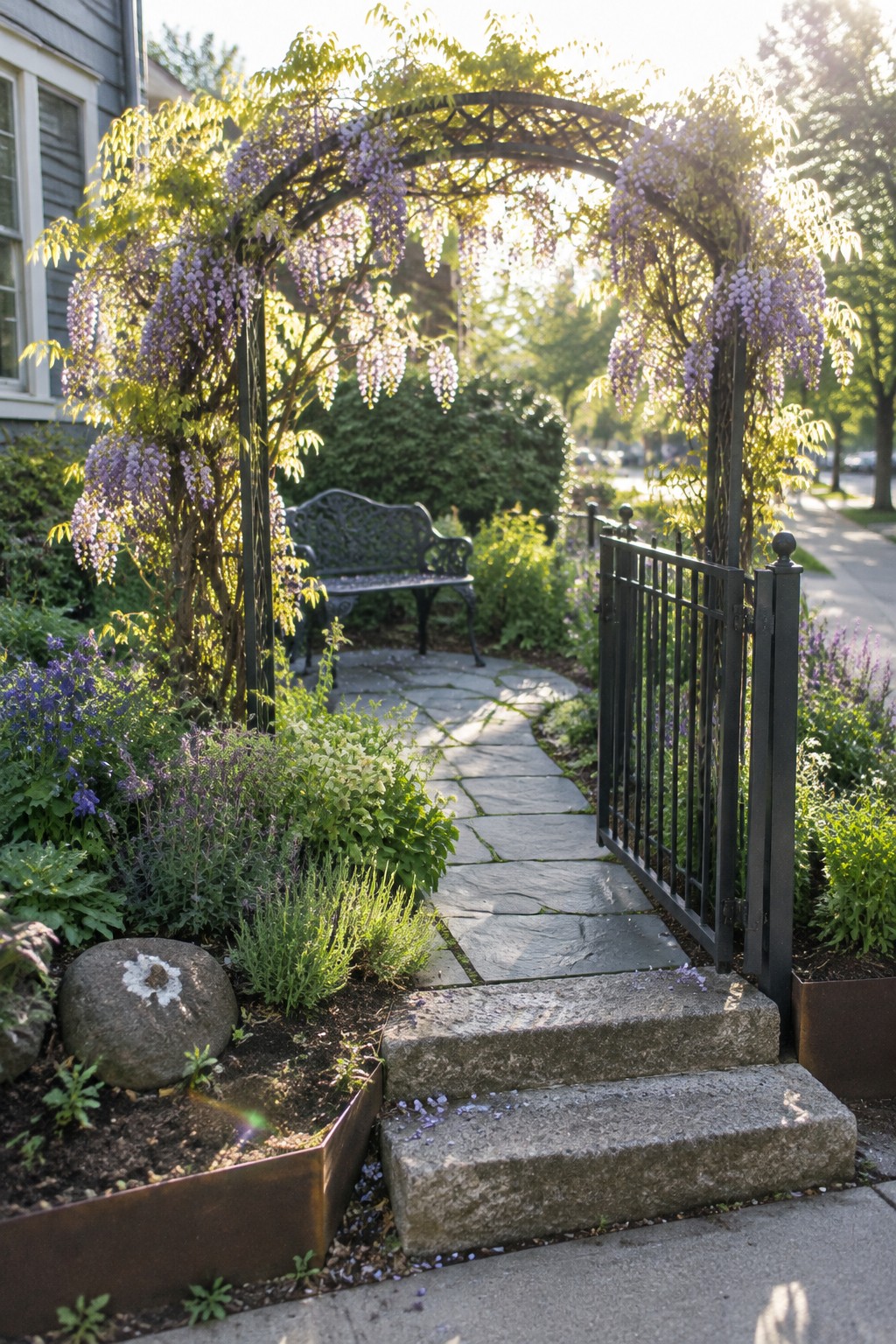 A black arched trellis covered in purple wisteria stands over a stone garden path beside an open metal gate.