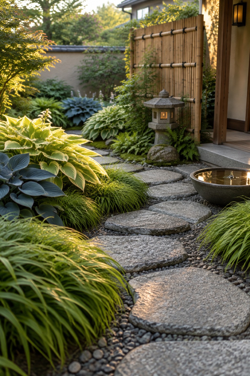 Broad stone stepping stones wind through hostas and ornamental grasses toward a bamboo screen in a garden.