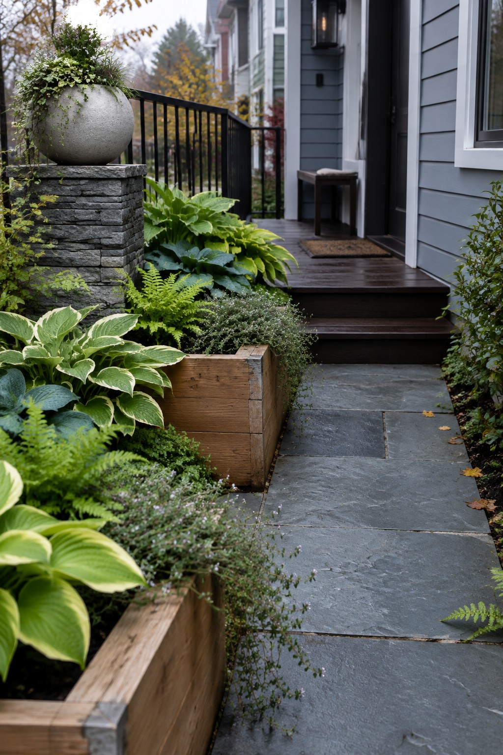 Large hostas and ferns grow in wooden raised beds beside a gray stone walkway leading to a house entrance.