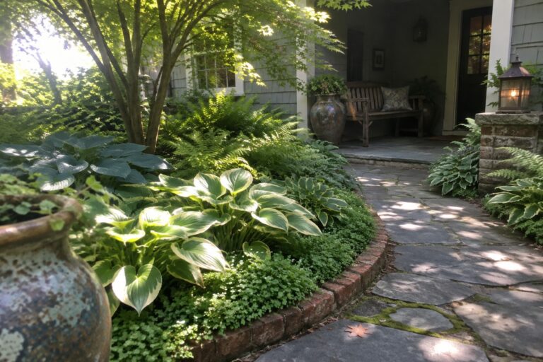 An irregular stone path winds through a shaded garden with hostas, ferns, brick edging, and a covered porch.