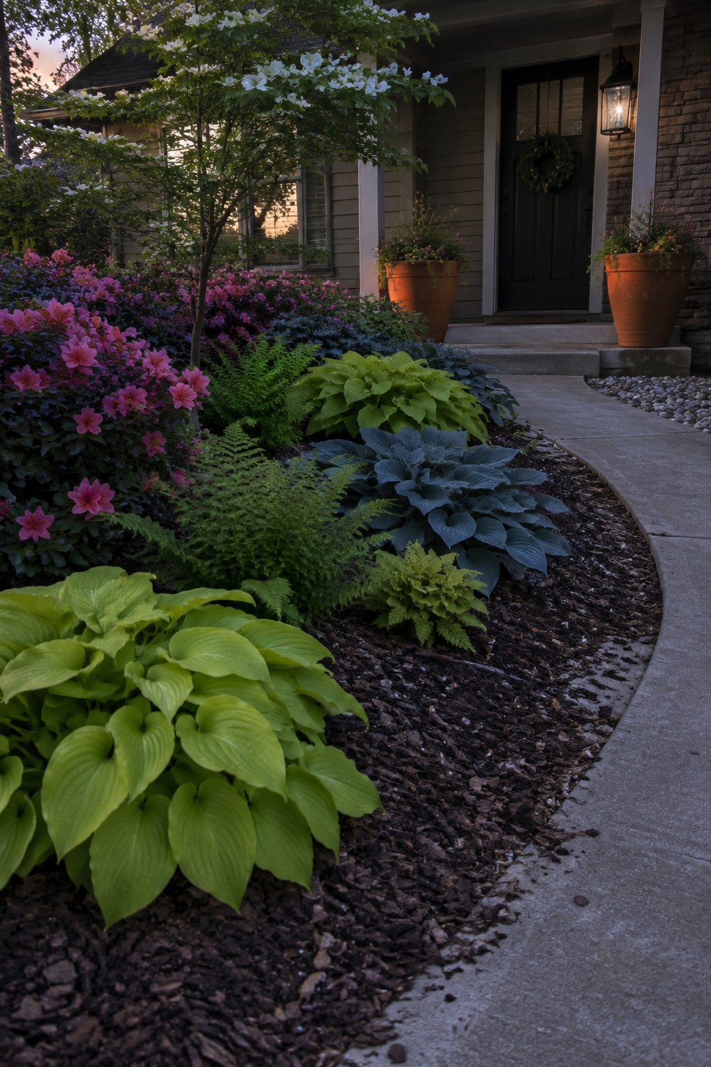 A curved concrete front walk passes a shaded garden bed with hostas, ferns, pink flowers, and a small tree beside the house.