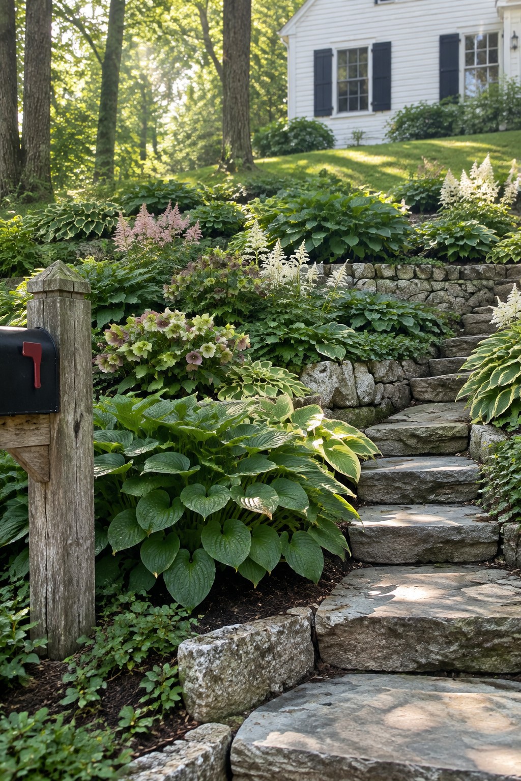 Broad-leaved hostas and flowering plants line stone steps leading up a garden slope toward a white house.