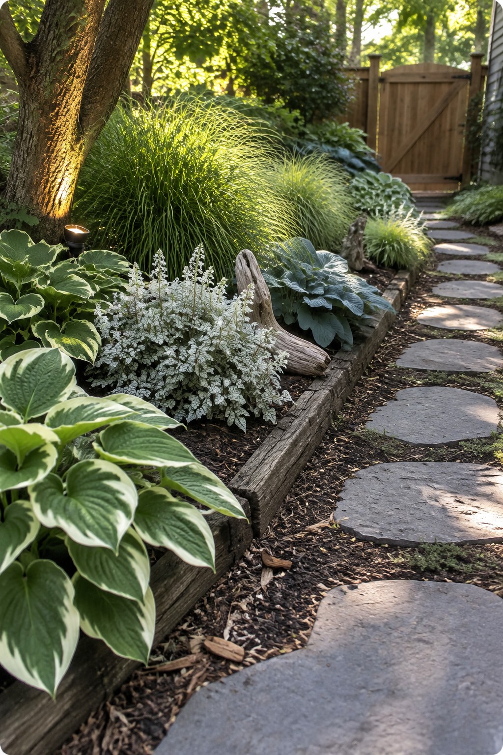 Variegated hostas and other shade plants line a curved stepping-stone path leading to a wooden gate.