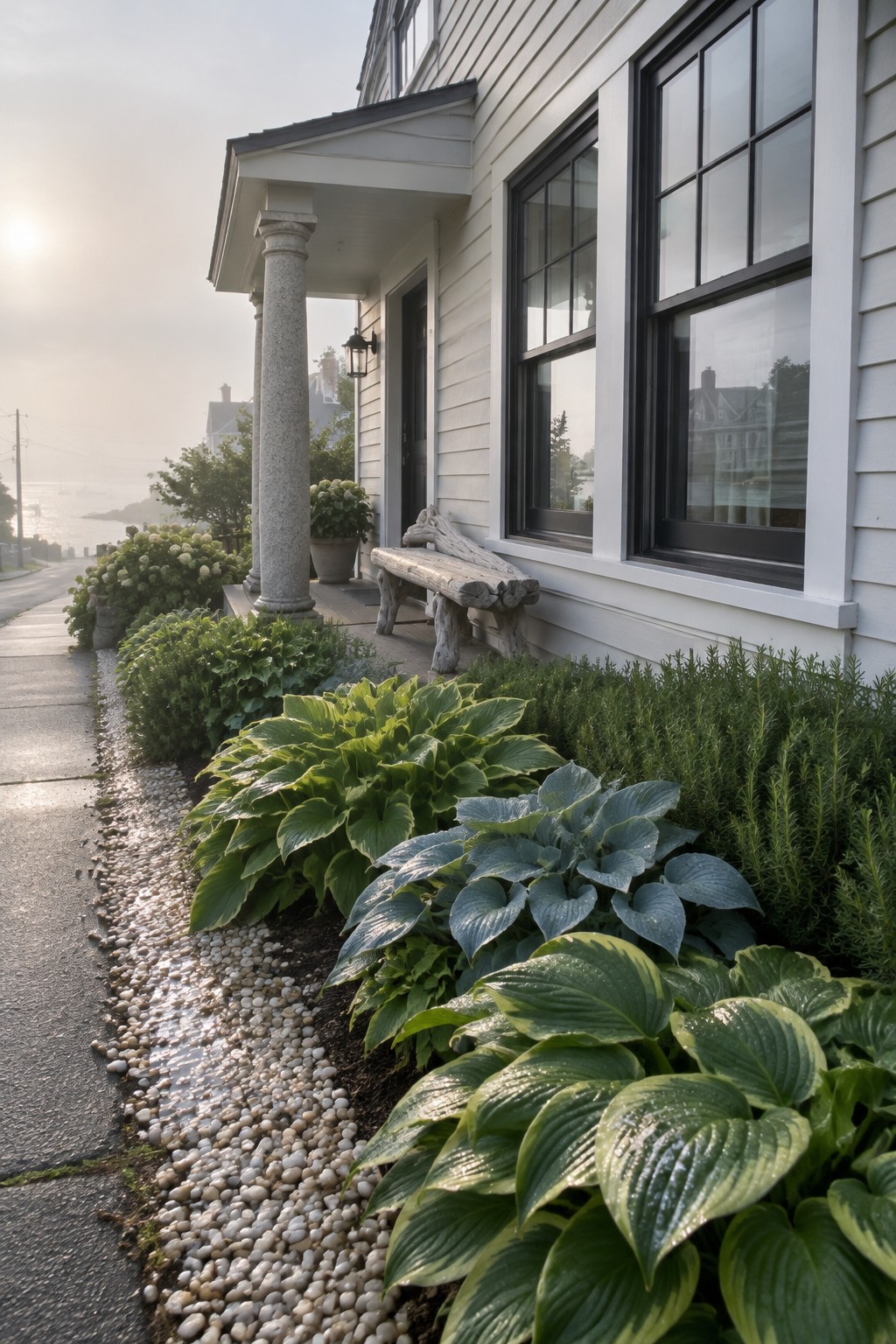 Broad-leaved hostas and other plants grow along a white house beside a narrow walkway edged with small stones.
