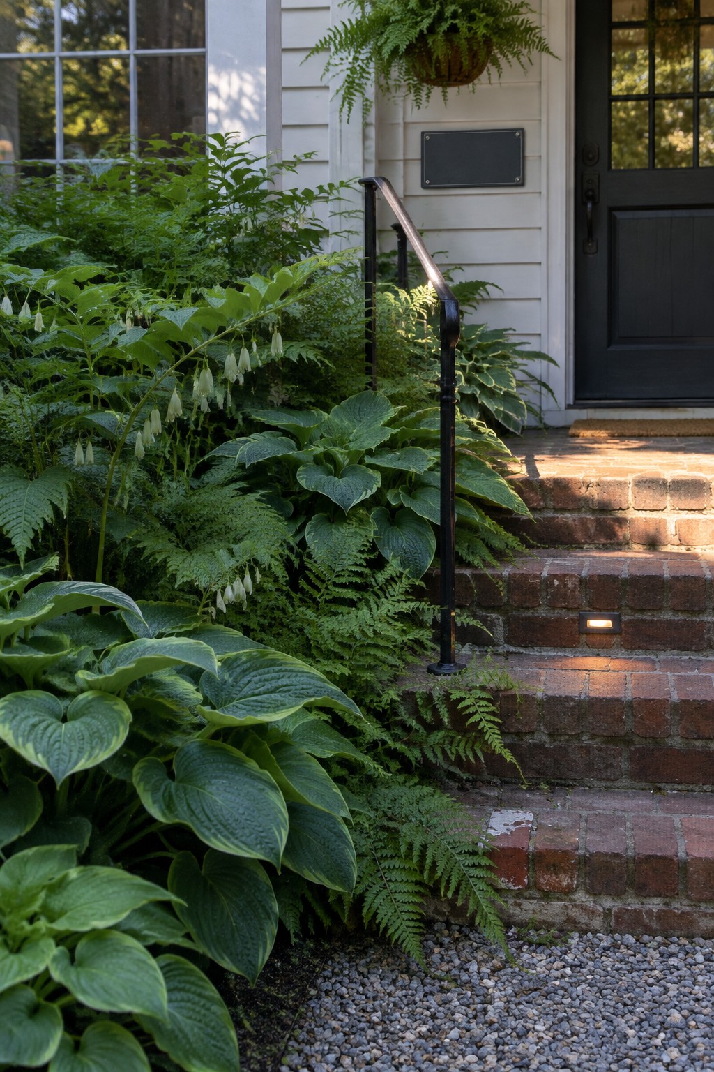 Broad-leaved hostas and ferns grow beside brick front steps leading to a dark door.
