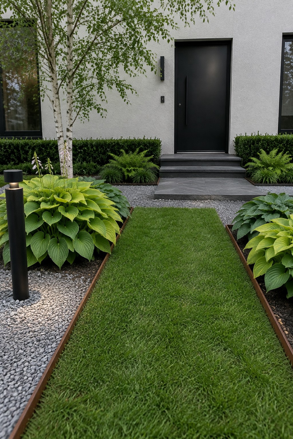 A narrow grass path edged with gravel and leafy hostas leads to a modern black front door.