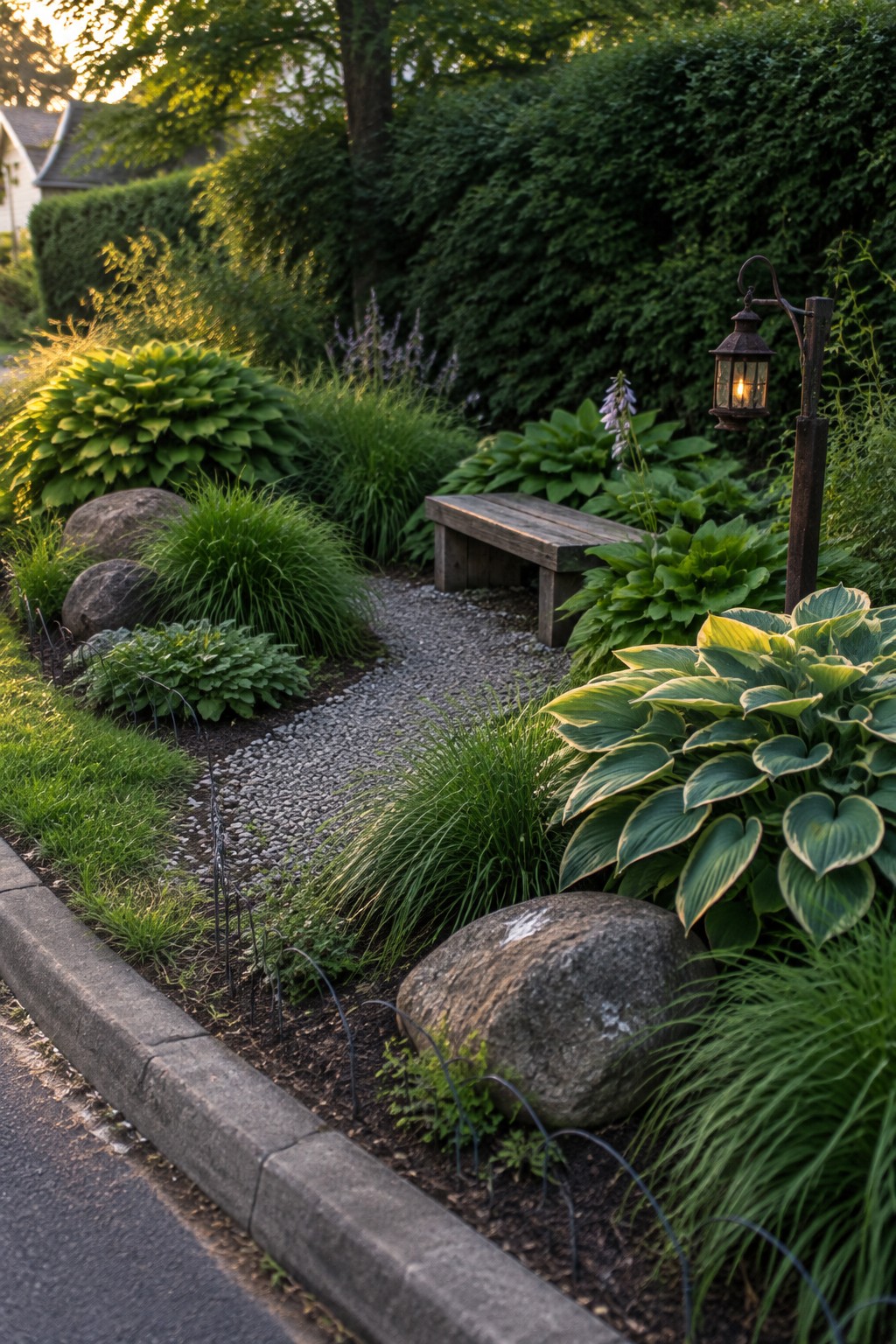 A gravel path winds through a shady garden bordered by hostas and ornamental grasses, with a wooden bench and hanging lantern nearby.