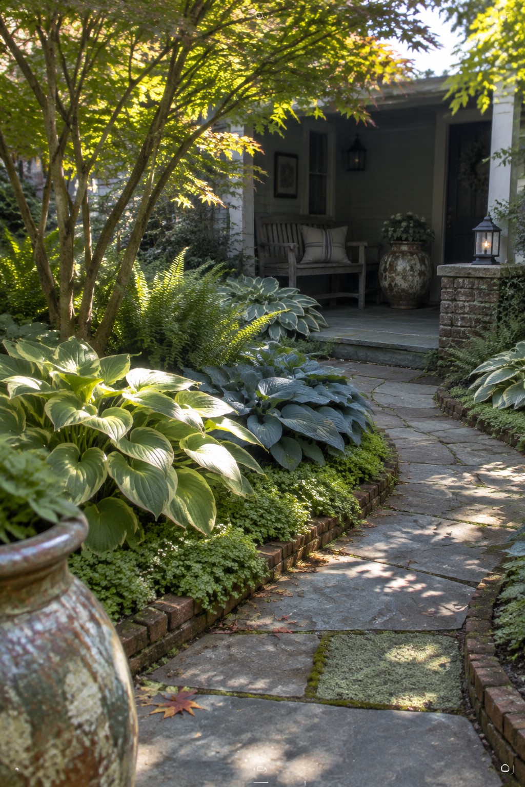An irregular stone path winds through a shaded garden with hostas, ferns, brick edging, and a covered porch.