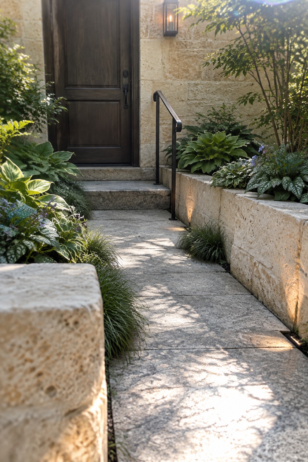A stone walkway bordered by hostas and other leafy plants leads to a dark wooden front door.