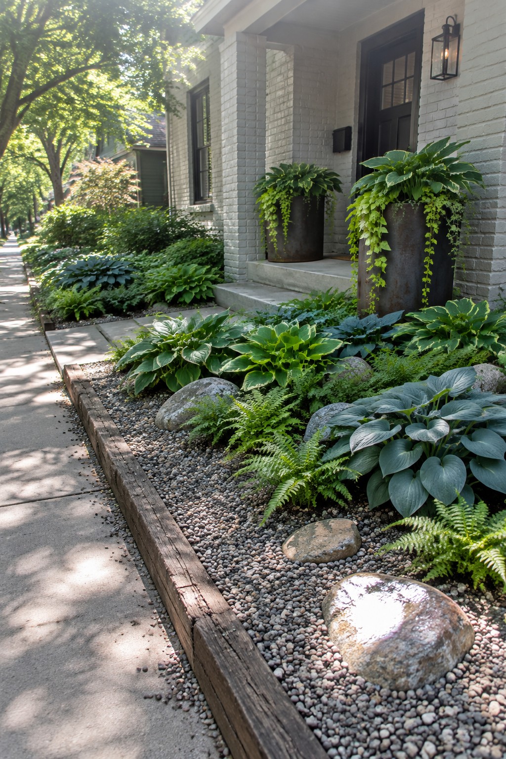 A shaded front walkway borders a pebble garden bed planted with hostas and ferns beside a white brick house.